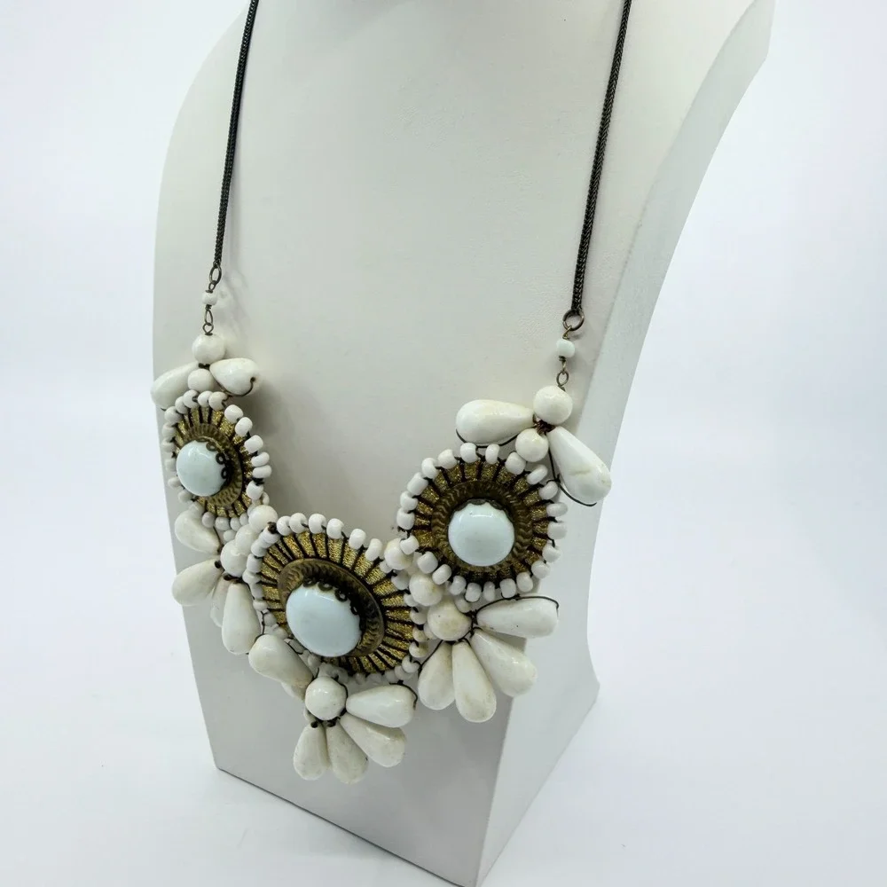 VTG White Faux Stone Brass Tone Bib Necklace Boho Chunky Statement Costume Goth